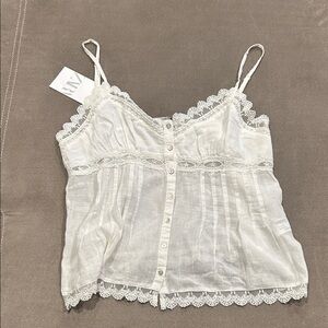 Zara White Lace Button-Up Crop Top